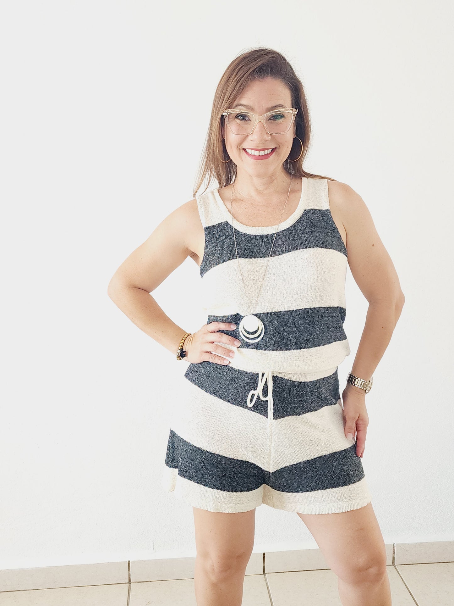 Romper breathable fabric with wide cream and gray lines