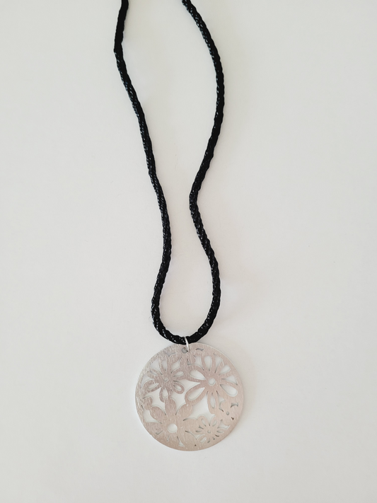 Black cord necklace with aluminum flower pendant